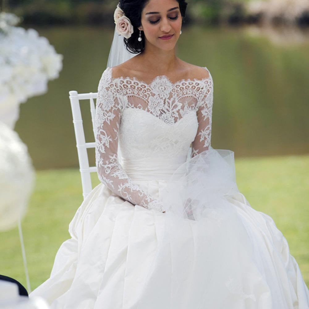 Elegant Long A-line Train Sweetheart Off Shoulder Long Sleeve Lace Sat – AlineBridal