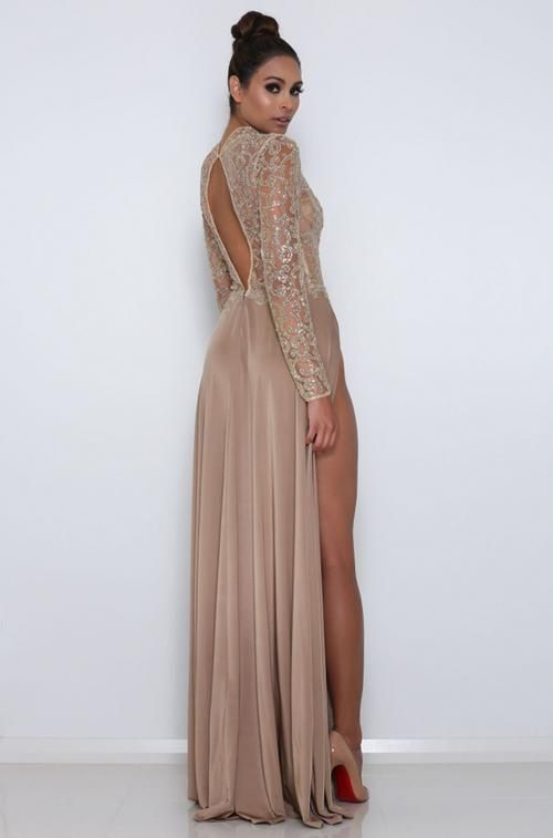 Brown Jersey Shiny Lace Long Sleeve High Neck Prom Dresses ,PD00301 AlineBridal Brown Jersey Shiny Lace Long Sleeve High Neck Prom Dresses ,PD00301 AlineBridal