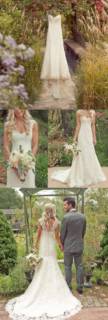 Long A-line  Wide Lace Shoulder Strap Deep V-back Sleeveless Train  Sweetheart Full Lace Country  Wedding Dress, AB1094