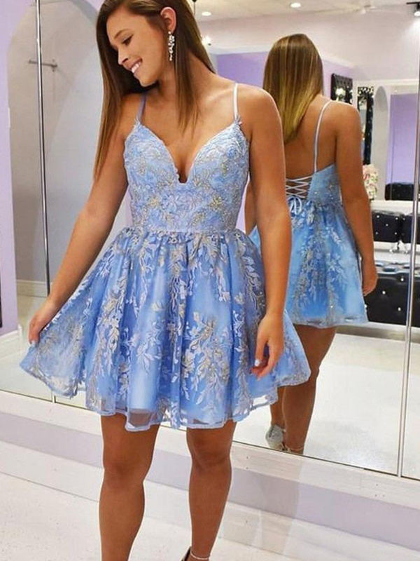 Baby Blue Spaghetti Strap V-neck Lace Sequin A-line Short Homecoming Dress, HD3032