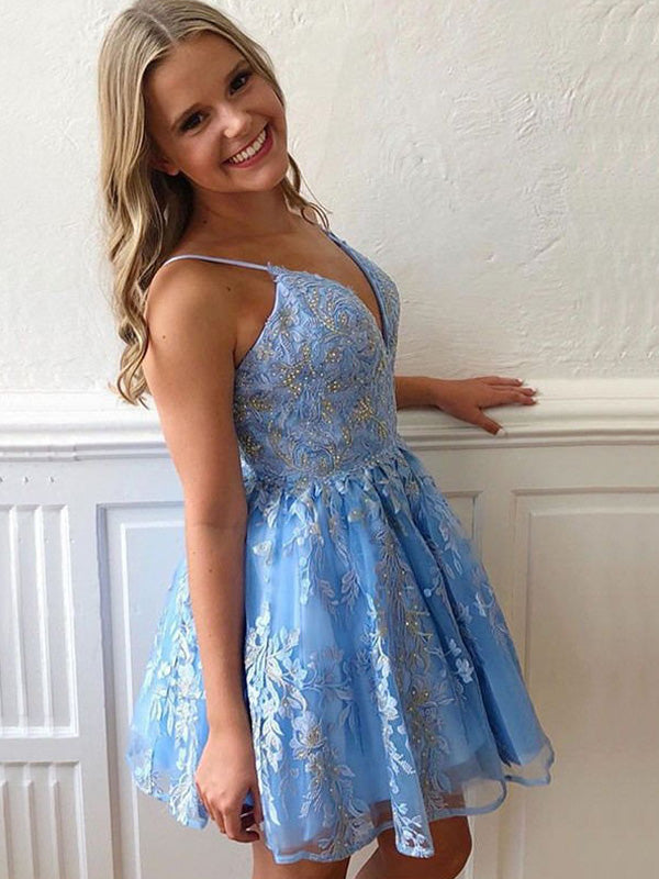 Baby Blue Spaghetti Strap V-neck Lace Sequin A-line Short Homecoming D AlineBridal Baby Blue Spaghetti Strap V-neck Lace Sequin A-line Short Homecoming D AlineBridal