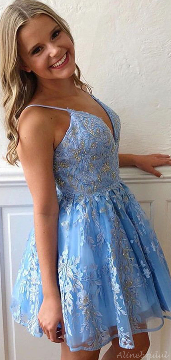 Baby Blue Spaghetti Strap V-neck Lace Sequin A-line Short Homecoming D AlineBridal Baby Blue Spaghetti Strap V-neck Lace Sequin A-line Short Homecoming D AlineBridal