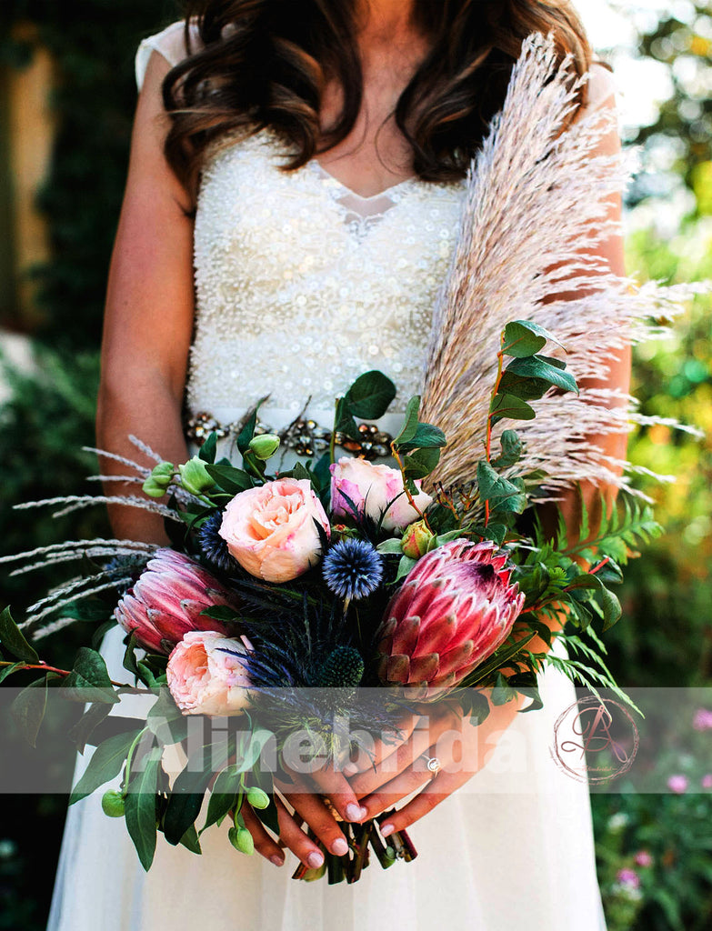 Beaded sleeveless Ivory Tulle Shinning Bling A-line Wedding Dresses, AB1140
