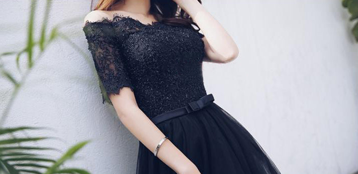 Off Shoulder Black Lace Fashion A-line lace Up Back Teenager Prom Dresses,PD00016