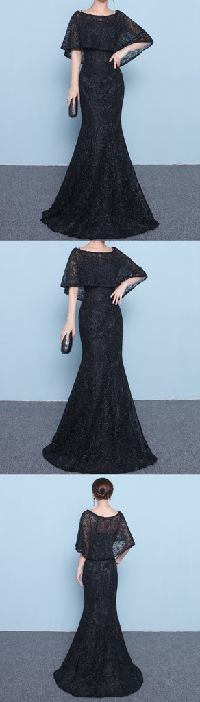 Sparkly Beading Black Lace With Shawl Mermaid Formal Party Prom Dresses,PD00017