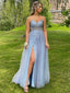Blue Spaghetti Straps V-neck Lace Top Side-slit A-line Long Prom Dress, PD3250