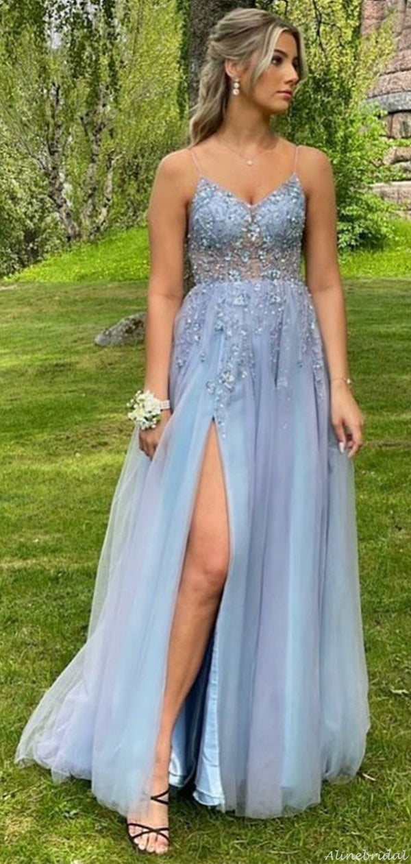Blue Spaghetti Straps V-neck Lace Top Side-slit A-line Long Prom Dress AlineBridal Blue Spaghetti Straps V-neck Lace Top Side-slit A-line Long Prom Dress AlineBridal