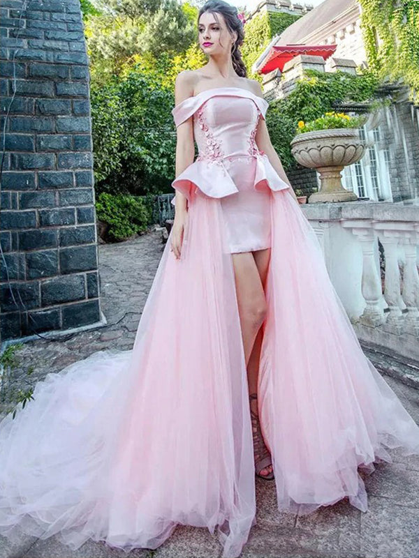 Blush Pink Off-shoulder Mermaid Long Detachable Tulle Train A-line Prom Dress, PD3214
