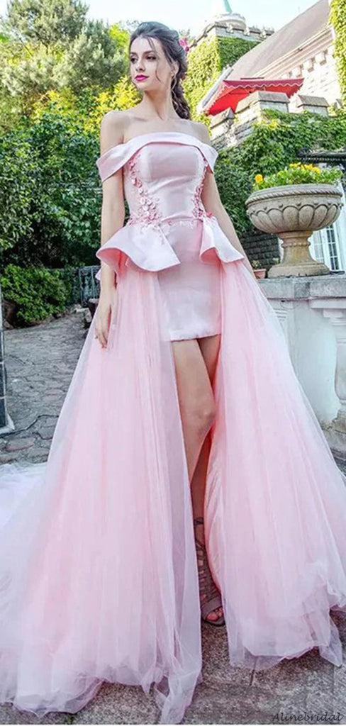 Blush Pink Off-shoulder Mermaid Long Detachable Tulle Train A-line Prom Dress, PD3214