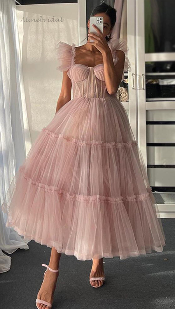 Blush Pink Ruffle Straps A-line Tea-length Tulle Prom Dress, Princess AlineBridal Blush Pink Ruffle Straps A-line Tea-length Tulle Prom Dress, Princess AlineBridal