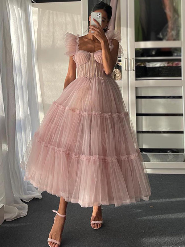 Blush Pink Ruffle Straps A-line Tea-length Tulle Prom Dress