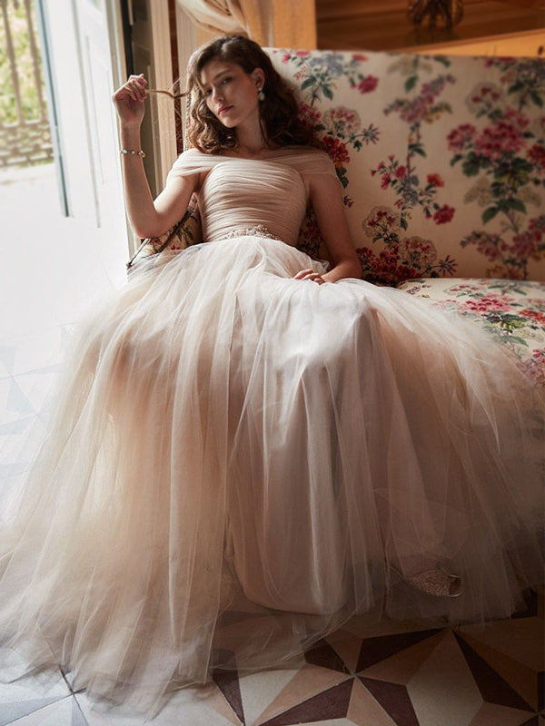 Elegant Blush Pink Tulle Off-shoulder A-line Long Prom Dress, PD3143 AlineBridal Elegant Blush Pink Tulle Off-shoulder A-line Long Prom Dress, PD3143 AlineBridal