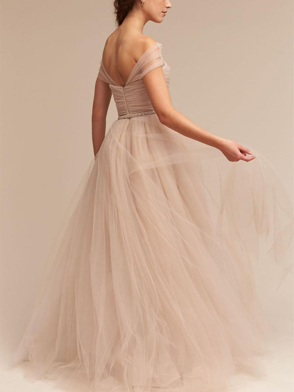 Elegant Blush Pink Tulle Off-shoulder A-line Long Prom Dress, PD3143