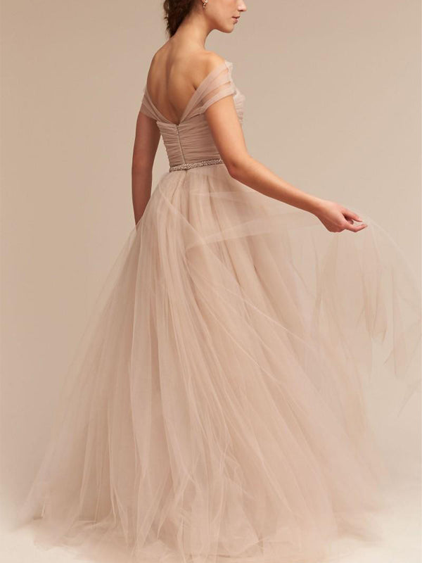 Elegant Blush Pink Tulle Off-shoulder A-line Long Prom Dress, PD3143 AlineBridal Elegant Blush Pink Tulle Off-shoulder A-line Long Prom Dress, PD3143 AlineBridal