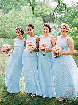 Pale Blue Lace Top Pleating Chiffon Scoop Neck Wedding Party Long A-line Bridesmaid Dresses . AB1189