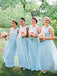 Pale Blue Lace Top Pleating Chiffon Scoop Neck Wedding Party Long A-line Bridesmaid Dresses . AB1189