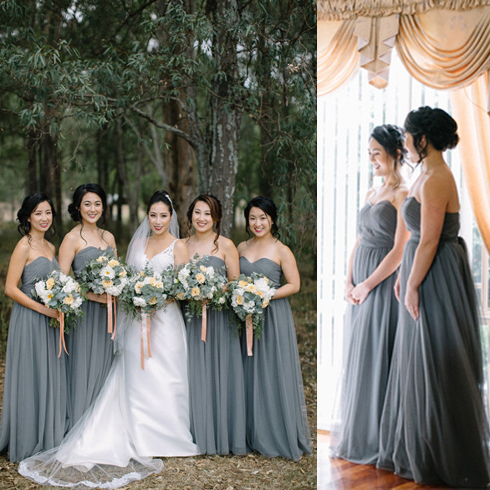 Cheap Long Elegant Pleated Strapless Sweetheart Dark Grey Chiffon Wedd – AlineBridal