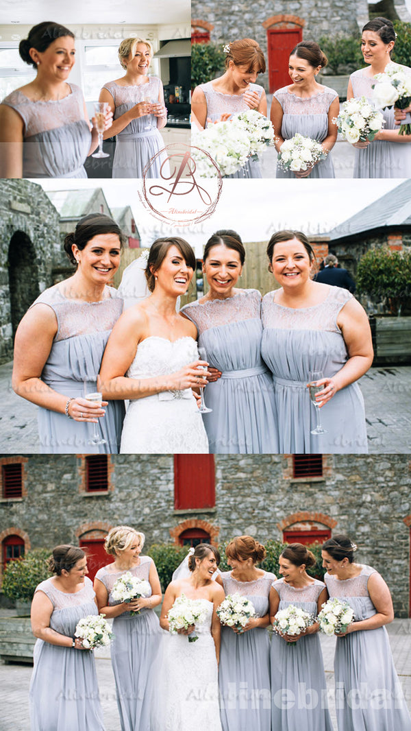 Elegant Light Gray Lace Chiffon Unique Square Neck Sleeveless Long Bri AlineBridal Elegant Light Gray Lace Chiffon Unique Square Neck Sleeveless Long Bri AlineBridal