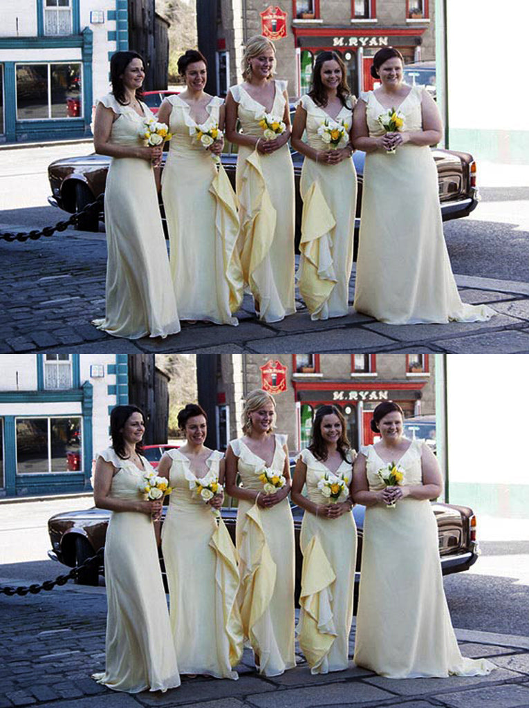 Pastel Yellow Chiffon Cap Sleeve V-neck Elegant Charming Long Column Bridesmaid Dresses. AB1186
