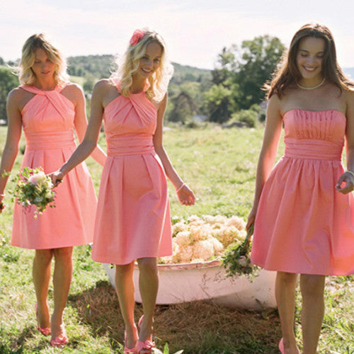 Charming  Short  Mismatched Sleeveless Strapless Halter Knee Length Pink Simple Style Bridesmaid Dresses, AB1157