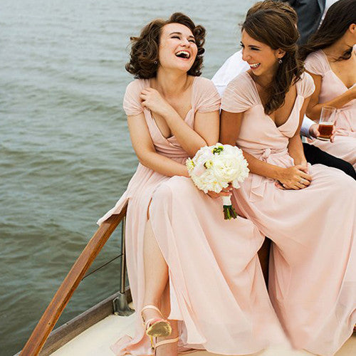 Charming Long Light Pink Deep V-neck Cap Sleeve Split Chiffon Cheap Si – AlineBridal