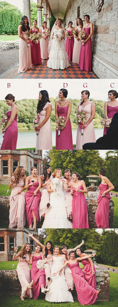 Mismatched Pink Spaghetti Strap Elegant Sleeveless Wedding Party Long A-line Bridesmaid Dresses . AB1187