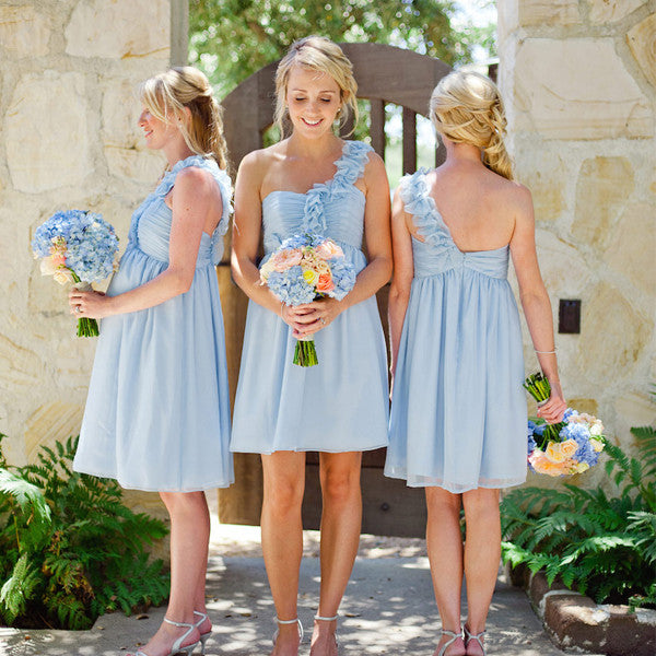 Cheap Strapless Pleated Flowers One Shoulder Knee Length Light Blue Ch AlineBridal Cheap Strapless Pleated Flowers One Shoulder Knee Length Light Blue Ch AlineBridal