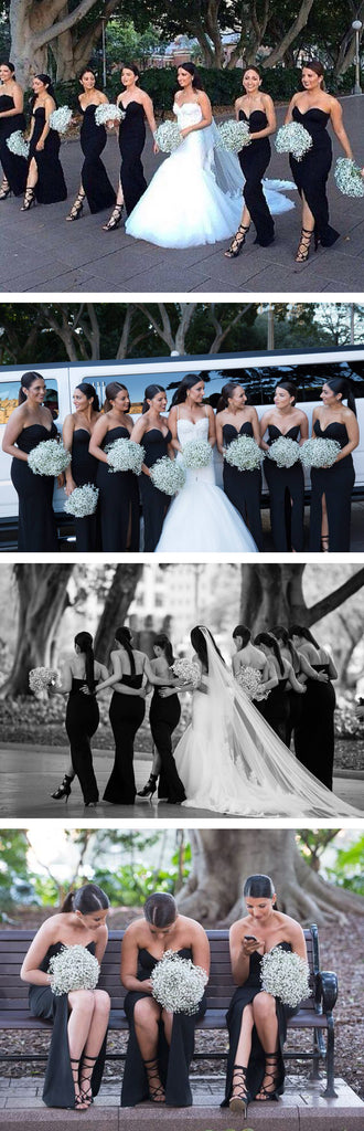 Cheap Strapless Sweetheart Black Satin Sexy Split Front Wedding Party Long Bridesmaid Dress, AB1172