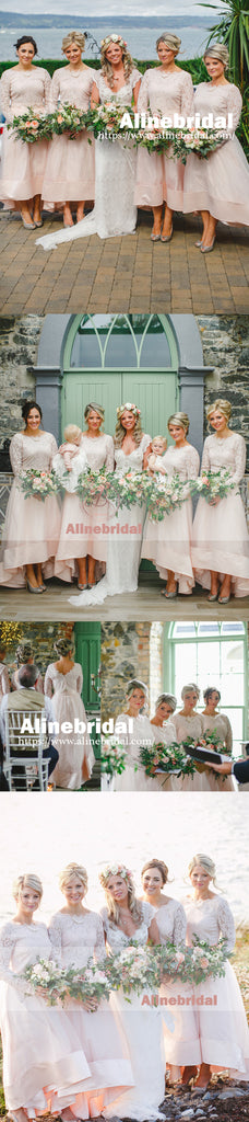 Long Sleeve Lace Top Unique High Low Ankle Length A-line Bridesmaid Dresses. AB1199