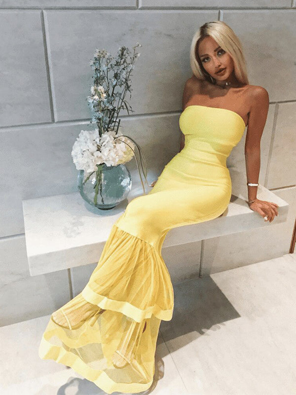 neon yellow strapless dress SEXY DESIGNER $760 YELLOW STRAPLESS BANDAGE BODYCON SUPER STRETCH DRESS SZ L NWT