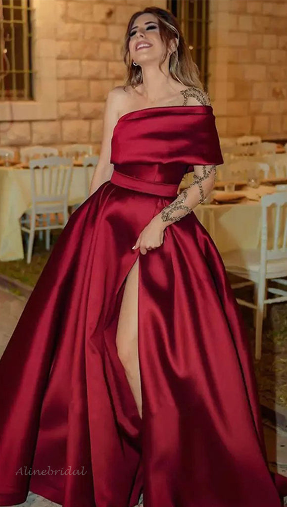 Burgundy One-shoulder Side-slit A-line Long Prom Dress, PD3382