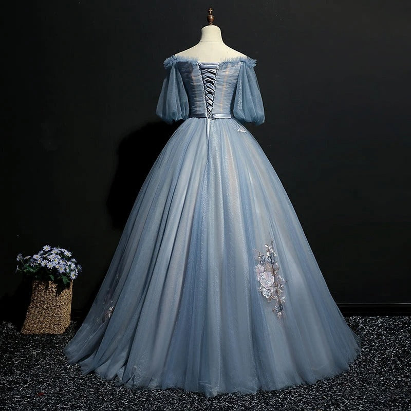 Vintage Princess Off Shoulder Half Sleeve Dusty Blue Appliques Ball Go AlineBridal Vintage Princess Off Shoulder Half Sleeve Dusty Blue Appliques Ball Go AlineBridal