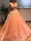 Charming Coral Spaghetti Strap Sweetheart Floral Lace Top A-line Long Prom Dress, PD3169
