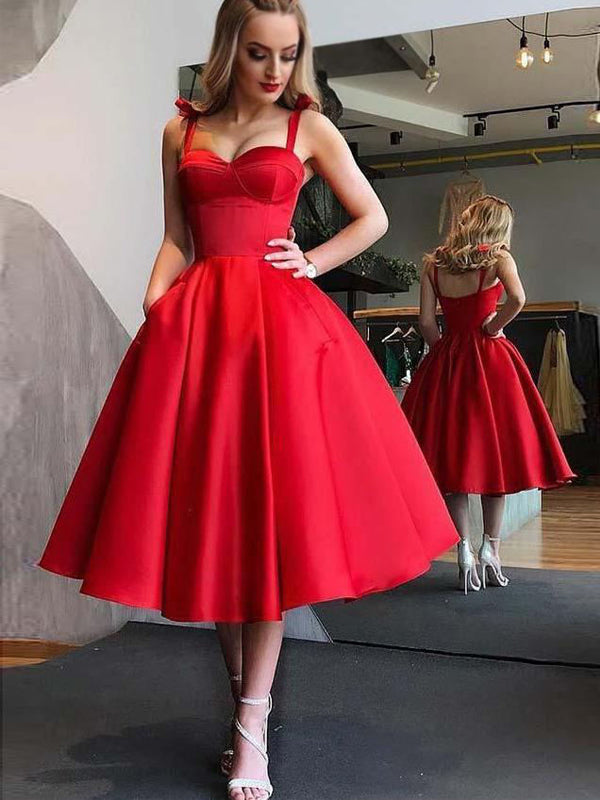 Chic Sexy Black And Red Spaghetti Strap Sweetheart A-line Midi Homecoming Dress, HD3061