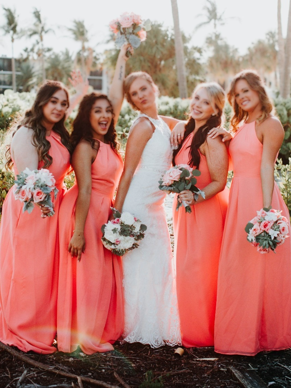 Coral colored bridesmaid dresses deals