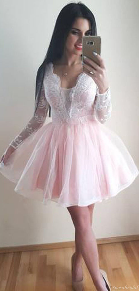 Cute Blush Pink Long Sleeves Lace Top A-line Short Mini Homecoming Dress, HD3080