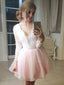 Cute Blush Pink Long Sleeves Lace Top A-line Short Mini Homecoming Dress, HD3080