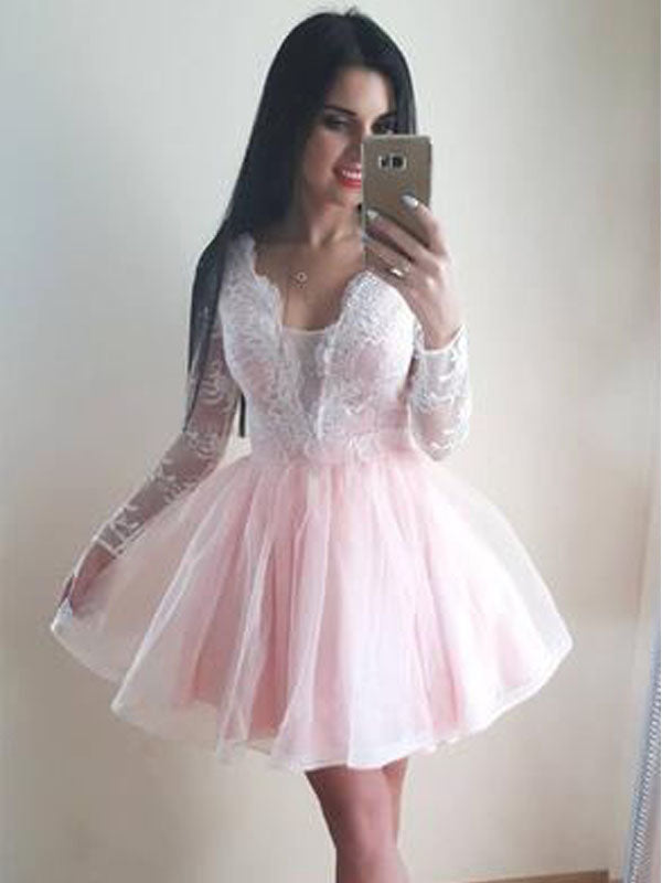 Cute Blush Pink Long Sleeves Lace Top A-line Short Mini Homecoming Dress, HD3080