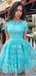 Cute Pink And Blue Full Neck Short Sleeves Floral A-line Short Homecoming Dress, HD3074
