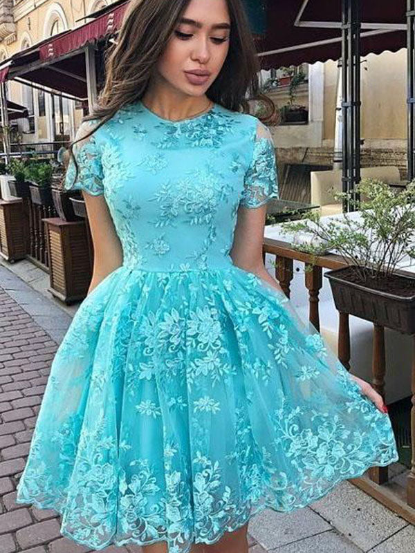 Cute Pink And Blue Full Neck Short Sleeves Floral A line Short