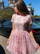 Cute Pink And Blue Full Neck Short Sleeves Floral A-line Short Homecoming Dress, HD3074