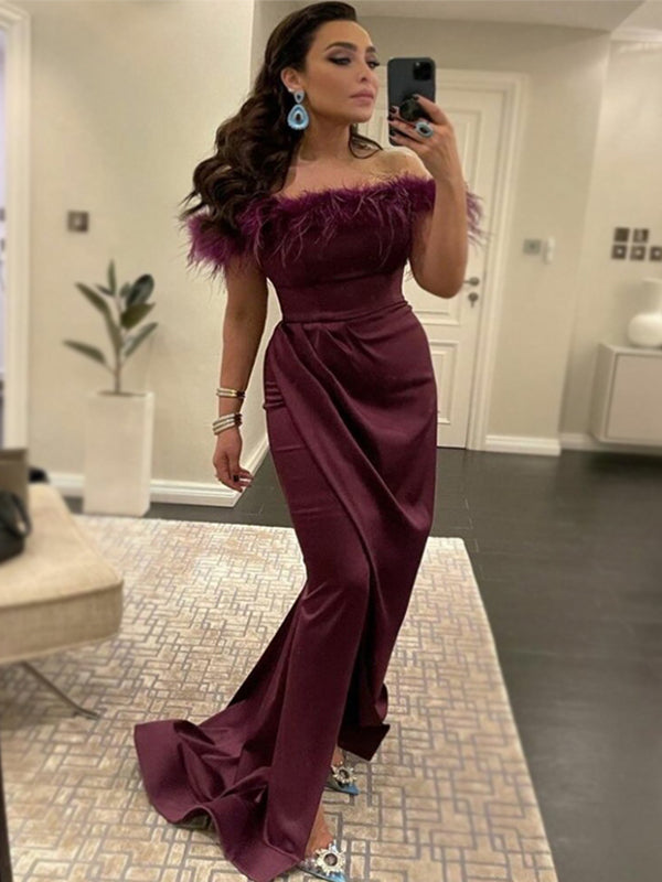 burgundy feather dress Dark Off-shoulder Top Mermaid Long Prom Dress, PD3355 – AlineBridal ShoppeSU24 Sexy Birthday Outfits For The beautiful shade of Size:36/34