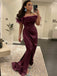 Dark Burgundy Off-shoulder Feather Top Mermaid Long Prom Dress, PD3355
