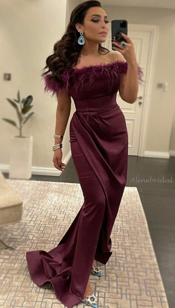 dark burgundy dress Dark Burgundy Off-shoulder Feather Top Mermaid Long Prom Dress, PD3355 – AlineBridal
