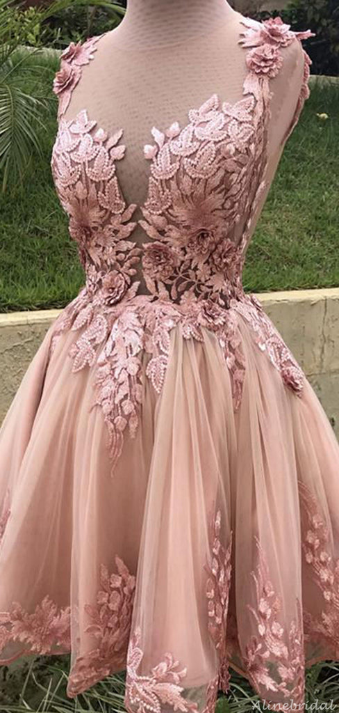 Dusty Pink Illusion Lace Organza A-line Short Homecoming Dress, HD3036