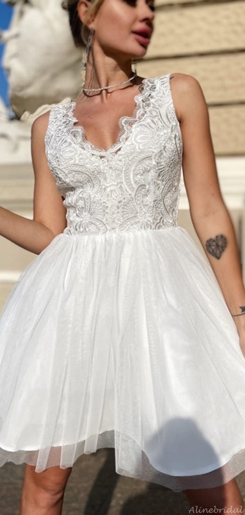 Ivory and Black Lace Spaghetti Strap V-neck A-line Short Prom Dress, PD3078