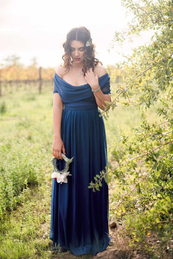 Short Sleeve Simple Off Shoulder Chiffon Navy Cheap Poplar Wedding Bri – AlineBridal
