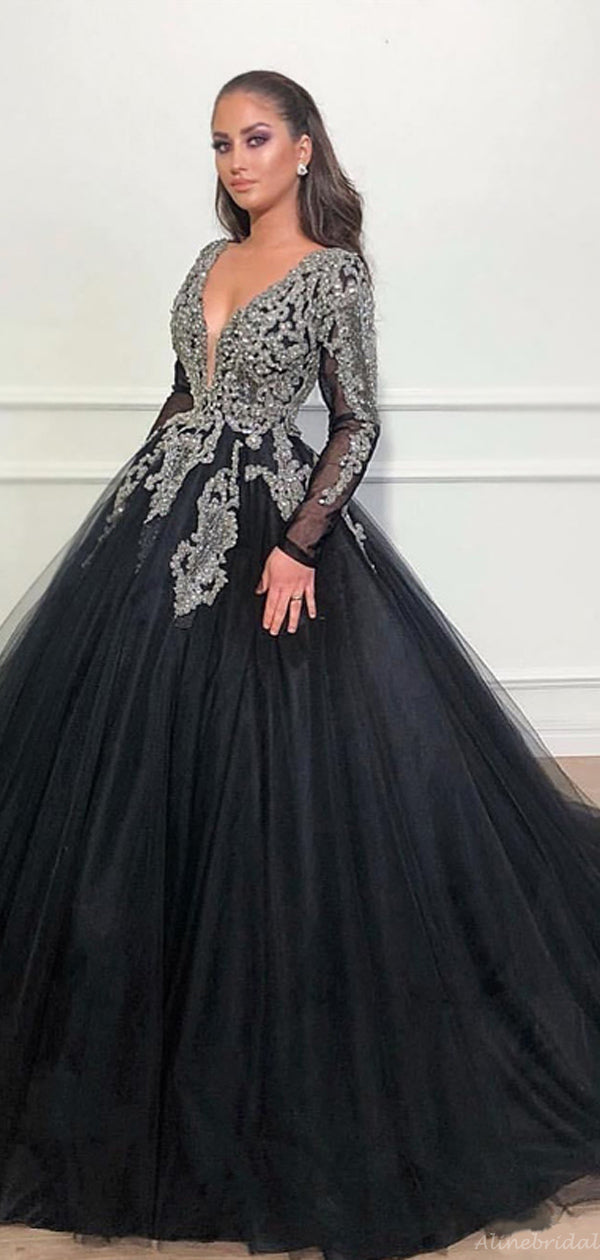 Elegant Black Luxury Silver Lace Top Long Sleeves V-neck A-line Long P AlineBridal Elegant Black Luxury Silver Lace Top Long Sleeves V-neck A-line Long P AlineBridal