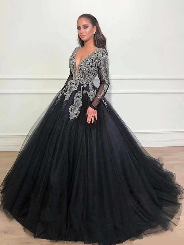 Elegant Black Luxury Silver Lace Top Long Sleeves V-neck A-line Long Prom Dress, PD3161