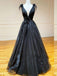 Elegant Black Sleeveless V-neck A-line Long Prom Dress, PD3132